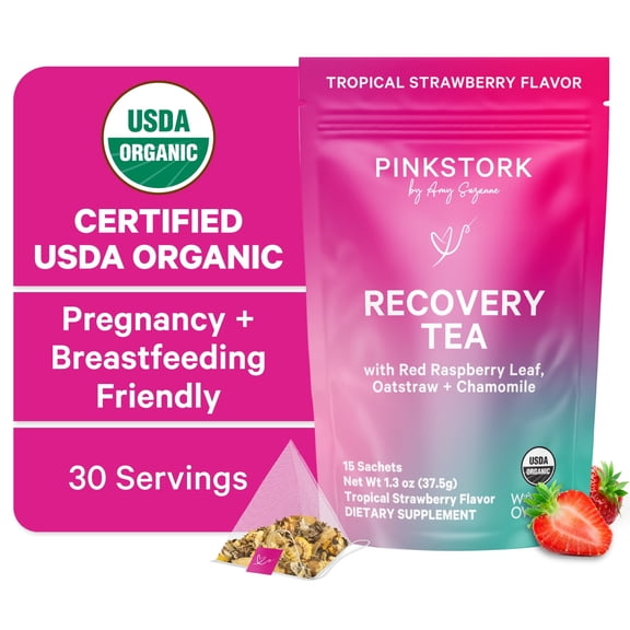 Pink Stork Postpartum Recovery Tea for Women, Chamomile, Organic Red Raspberry Leaf, 15 Sachets