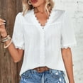thumbnail image 2 of Women Summer Top Short Sleeve White Single Breasted V Neck Crochet Lace for Women Ladies White L, 2 of 6