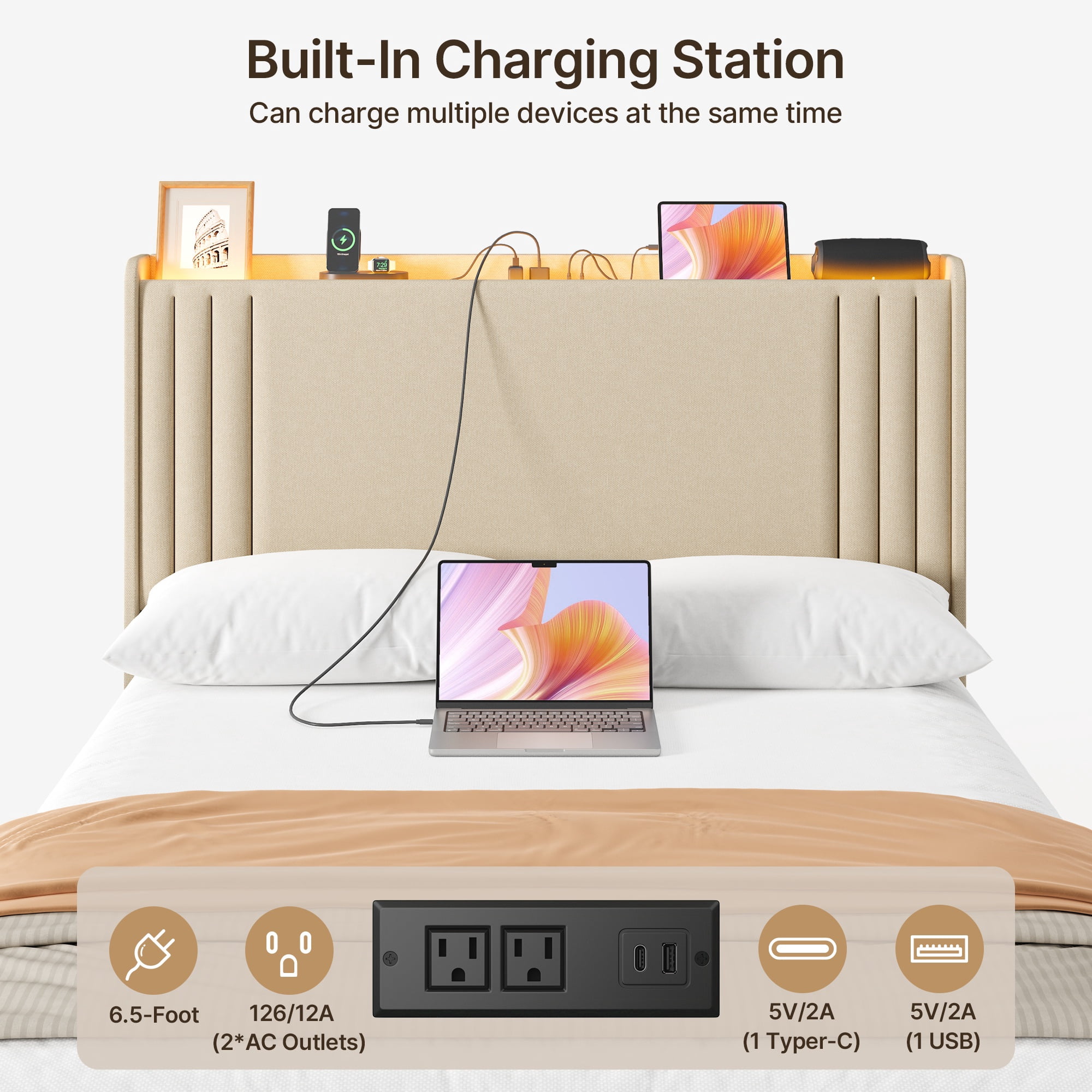 Asofer Full Bed Frame w/Upholstered Wingback, Wood Slats, Charging Station & LED Lights, Beige