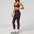thumbnail image 5 of Telankuip Womens 2 Piece Workout Gym Outfits Tummy Control High Waist Stretch Seamless Tight Leggings Matching Sleeveless Deep V-Neck Halter Yoga Bra with Padded Casual Sports Sets 2-Dark Purple XL, 5 of 5