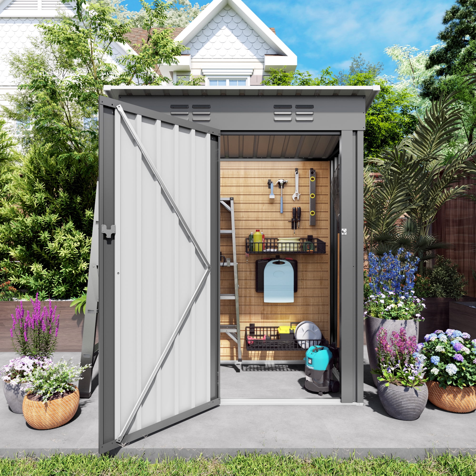 Vigo huseeo 5x3FT Metal Lean To Shed, Outdoor Storage Shed for Patio Backyard Garden (Gray)