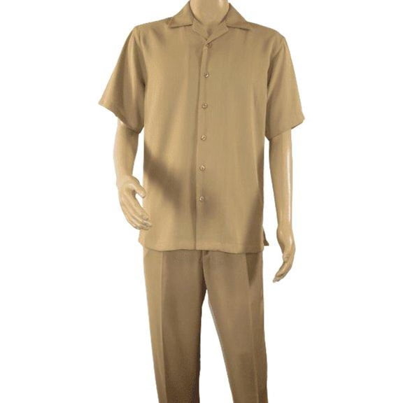 Mens INSERCH 2pc Walking Leisure Suit Shirt Pants Set Short Sleeves 9356 Khaki
