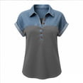 thumbnail image 5 of ClodeEU Women's Notch Collar Patchwork Denim Short Sleeve Shirt ,Trendy Casual Blouse Gray,Womens Plus XL, 5 of 5