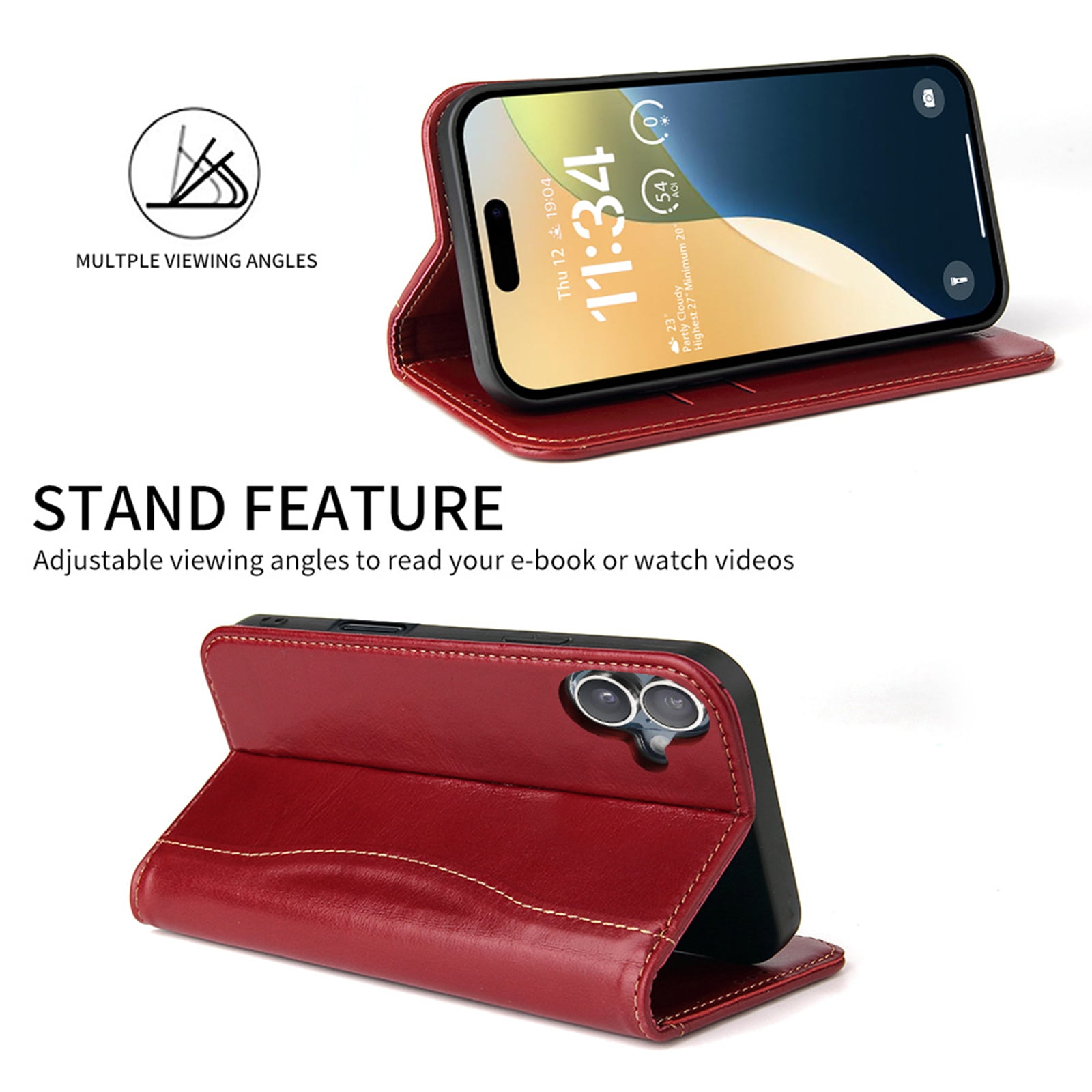 TECH CIRCLE for iPhone 17 Classic Wallet Case, Genuine Leather Magnetic Closure Book Folding Flip Leather Case with Card Holder Kickstand TPU Shockproof Protective Phone Cover,Red