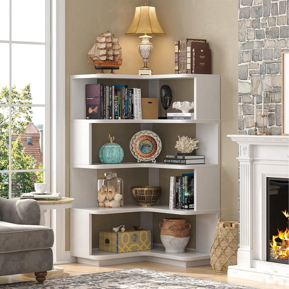 Homieasy 5-Tier Corner Bookshelf, Freestanding L-Shaped Etagere Bookcase with Safety Baffle, Multi-Purpose Display Shelf Stand for Home Office, Living Room, Bedroom, Kitchen,White