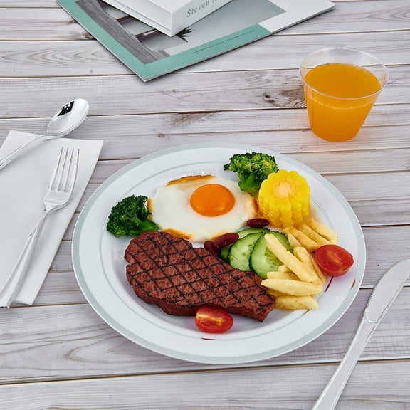 100 Piece Plastic Plates Disposable, Heavy Duty White Elegant Durable Dinner Plastic Party Plates with Silver Rim