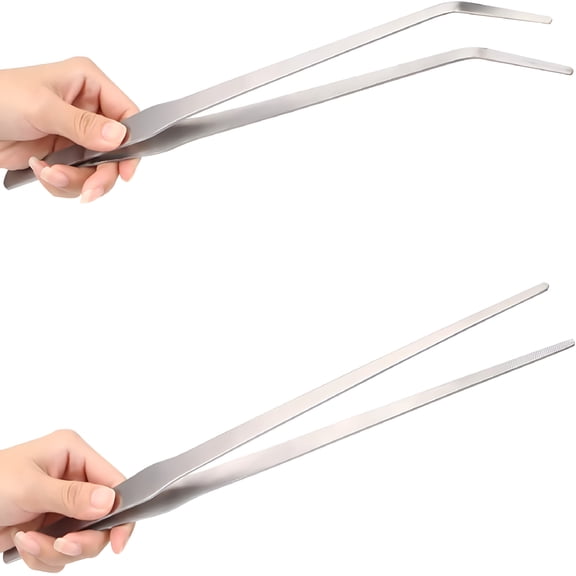EXLEAF Long Tweezers for Aquarium 15 Inch-2 Pcs Stainless Steel Reptile Feeding Tongs,Curved and Straight Design with No Slip Tips,Terrarium Aquascape Tools Snake Bearded Dragon Tank Accessories