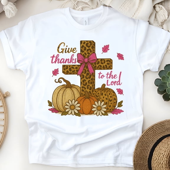 Give Thanks to the Lord Christian Fall Pumpkin Cross Graphic T-Shirt, White, Size S