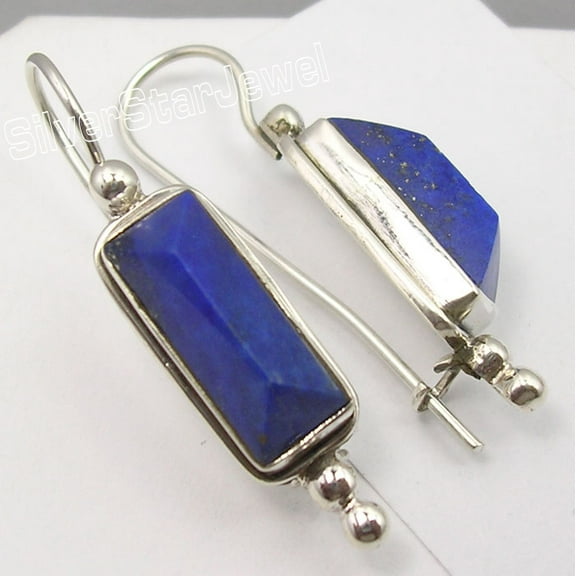 SilverStarJewel 925 Pure Silver Classic Navy Blue Lapis Lazuli Pyramid Ethnic Earrings 1.5"