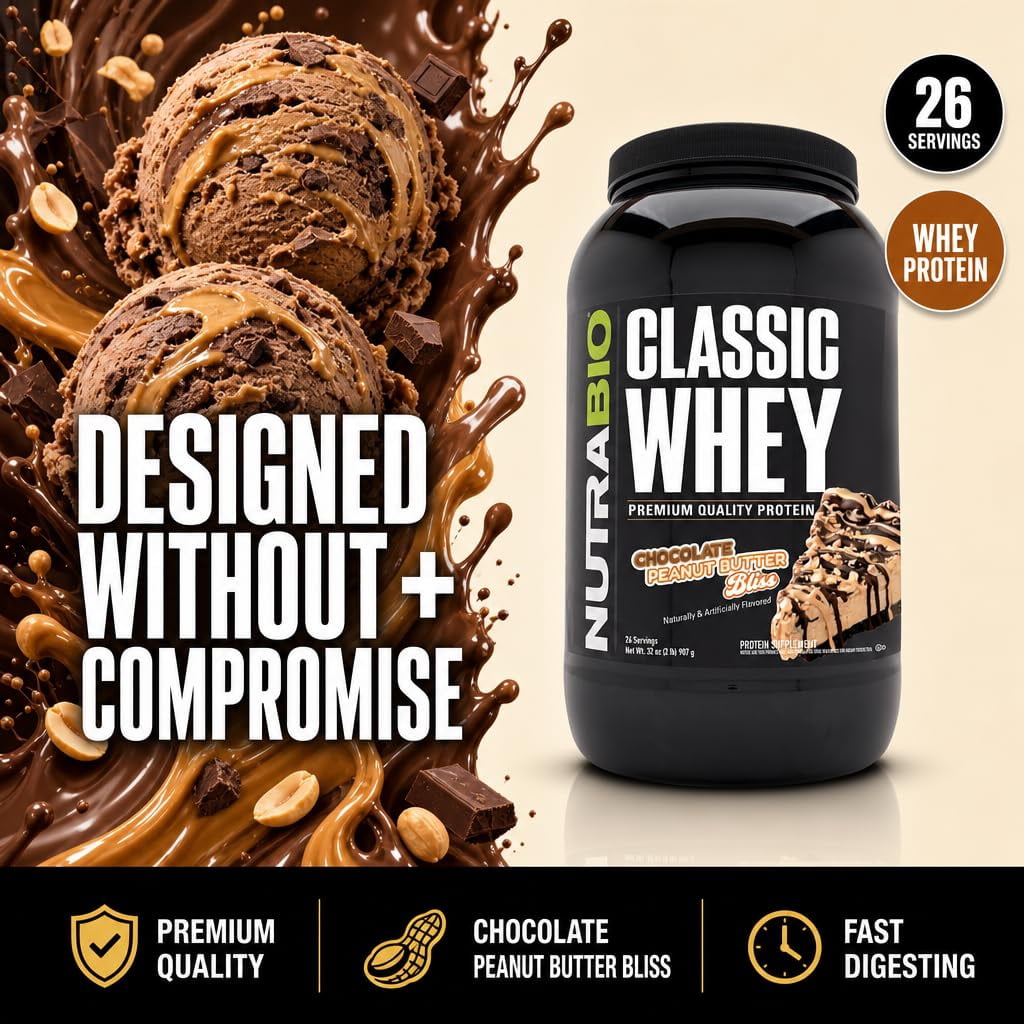 NutraBio Classic Whey Protein Powder- Full-Spectrum Amino Acid Profile - No Fillers, Artificial Colors, Preservatives - Low Glycemic Index - (Chocolate Peanut Butter, 2 Pounds)