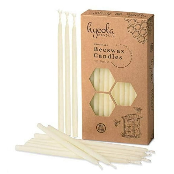 Hyoola 6" x 1/4" Handmade All Natural Beeswax Taper Candles, White Unscented (50 Pack)