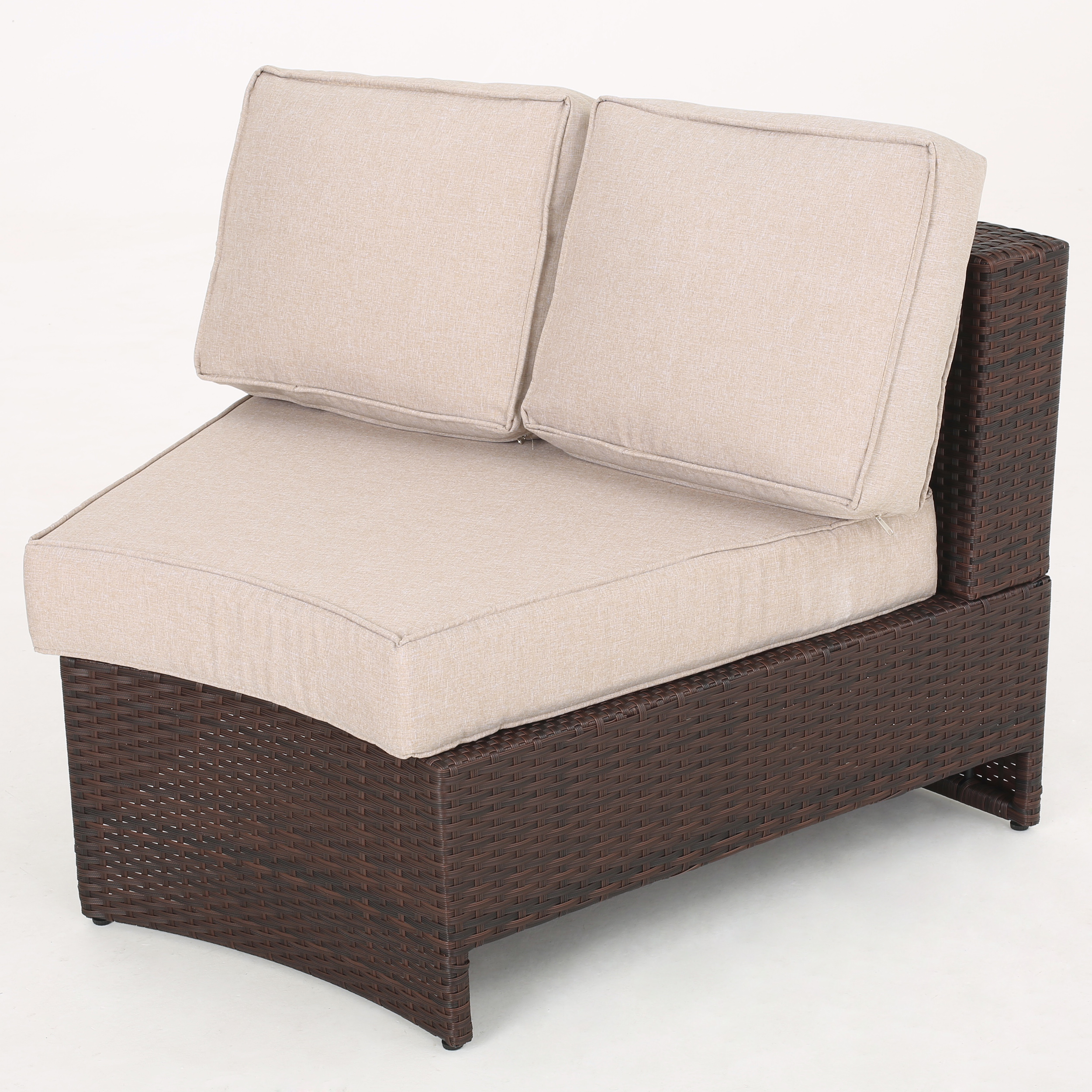 Sinclair 4 Piece Outdoor Wicker 1/2 Round Seating Set with Cushions and Ice Bucket Ottoman, Brown, Beige