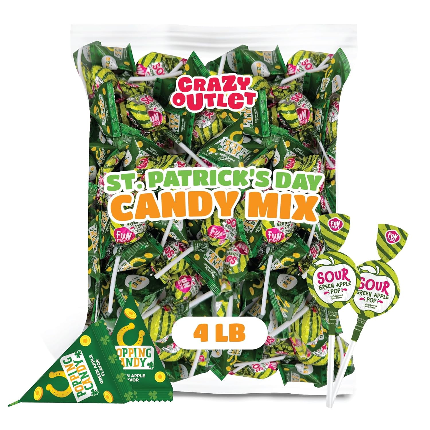 St. Patrick's Day Green Candy Mix - 4-Pound Bulk Pack, Sour Apple Popping Rocks and Gum-Filled Lollipops