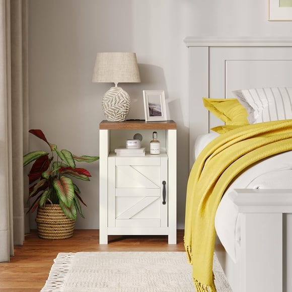 Farmhouse Nightstand with Charging Station, 2 Piece End Table Set with Barn Door, Sofa Side Table with Bedroom and Living Room Storage (White)