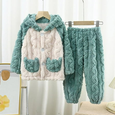 

Kids Boys Girls Autumn Winter Thickened Jacquard Hooded Pajama Sets Long Sleeve Tops with Pants warm Sleeping Clothing