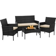 Patio Furniture 4 Pieces Outdoor Indoor Use Rattan Chairs Wicker Patio Loveseats Conversation Sets with Table and Beige Cushions for Backyard Lawn Porch Garden Balcony,Black