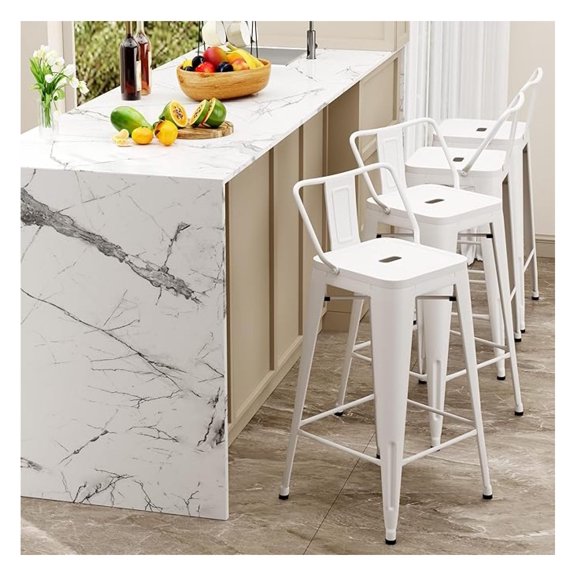 Metal Barstools Set of 4 Industrial Bar Stools with Backs, Indoor-Outdoor, Counter Height, 26 inch, White
