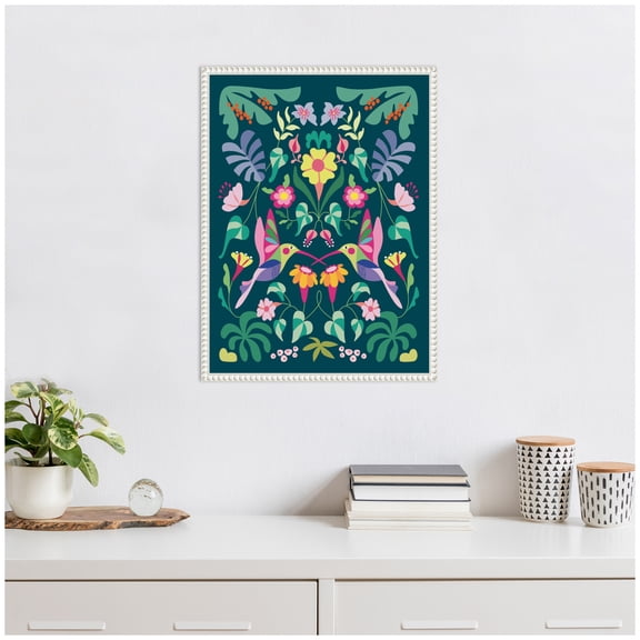 Kate and Laurel Tropical Hummingbirds Framed Canvas Wall Art by Rachel Lee 18 x 24 Sylvie Beaded White, Whimsical, Animals, Flowers, Tropical Art for Wall Decor, Living Room, Bedroom