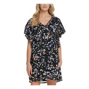DKNY Women's Printed Ruffle-Sleeve Dress Black- Size Large