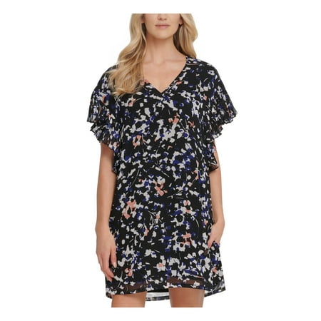 DKNY Women's Printed Ruffle-Sleeve Dress Black- Size Large