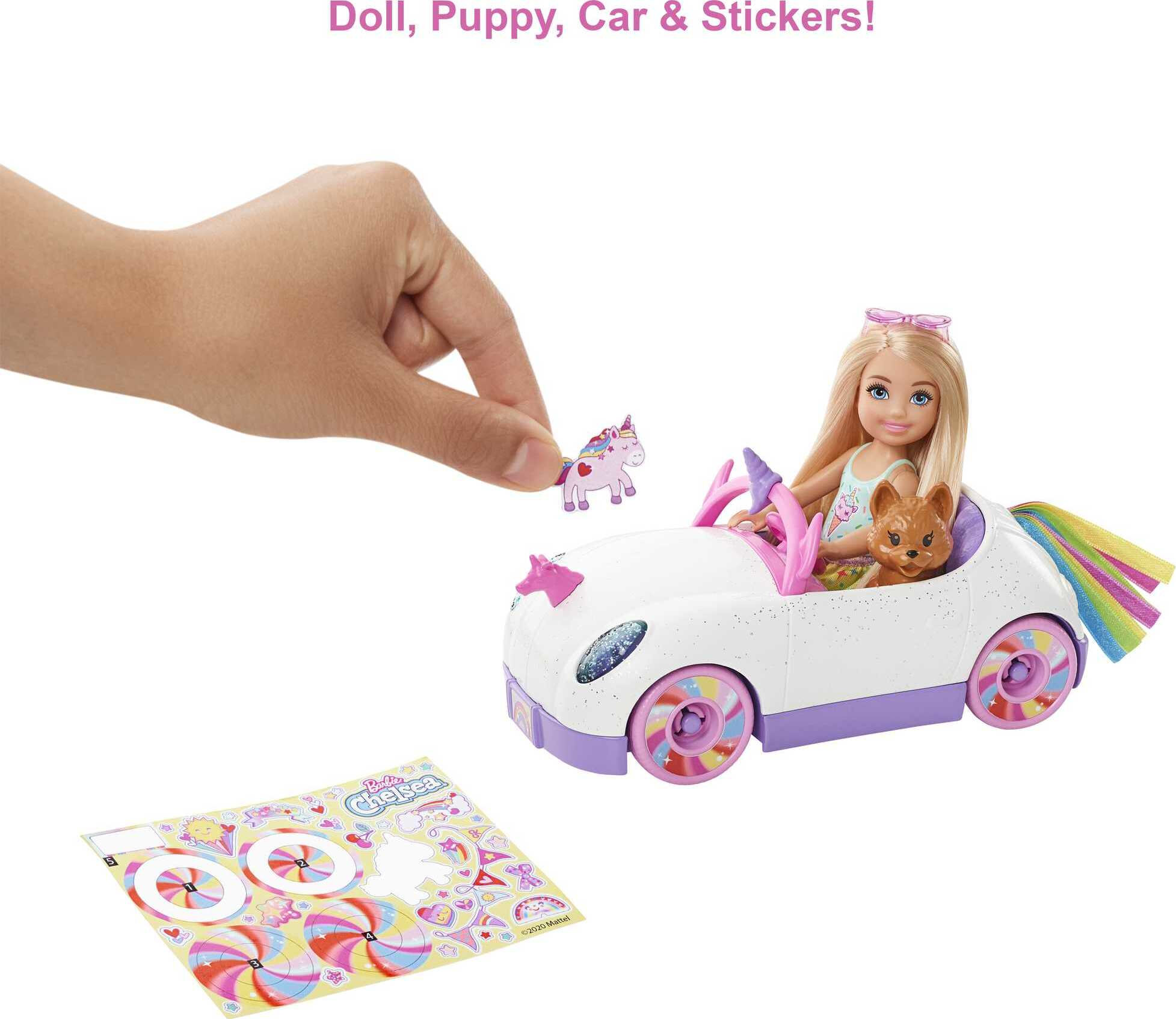 Barbie Club Chelsea Doll & Toy Car, Unicorn Theme, Blonde Small Doll, Puppy, Stickers & Accessories - image 3 of 6
