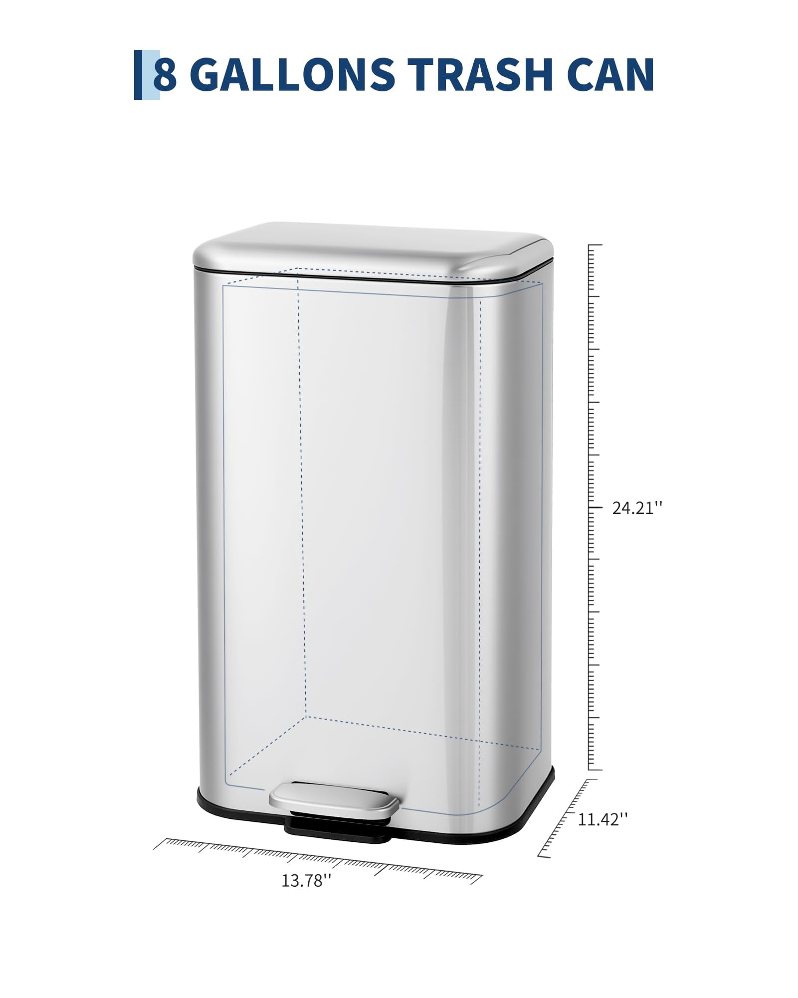 8 Gallon Trash Can with Lid, 30L Fingerprint Proof Stainless Steel Kitchen Trash Can with Removable Inner Bucket and Lid Soft Close, Pedal Rubbish Binfor Home, Kitchen, Office（Silver）