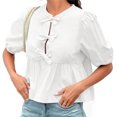 thumbnail image 2 of LANGWYQU Half Sleeve Women Puff Sleeve Pure Color Tie Front Blouse Shirt, 2 of 4