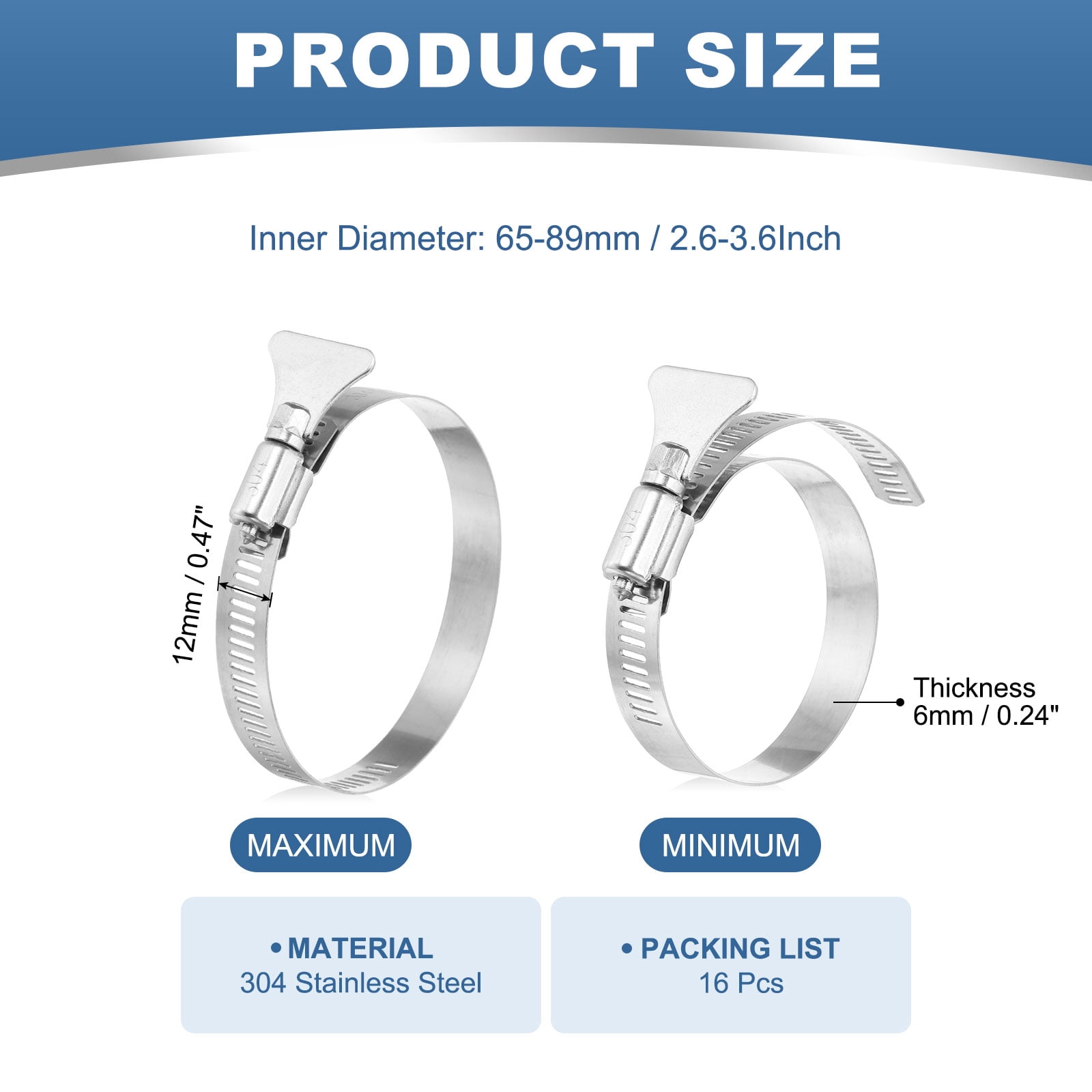 Uxcell Stainless Steel Hose Clamp, 16 Pcs 65-89mm (2.6-3.6Inch) Adjustable Thumb Screw Key Type Clamps Worm Gear Hose Clamp for Plumbing Fastener Tube Radiator Garden, Silver Tone