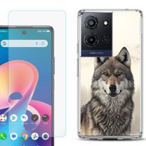 For TCL K32 5G Protective Shockproof Phone Case with Tempered Glass Screen Protector, by OneToughShield - Wolf Snow