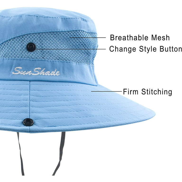Muryobao Women Ponytail Summer Sun Hat Wide Brim UV Hats Floppy Bucket Cap for Safari Beach Fishing Gardening Pure Sky Blue, One Size