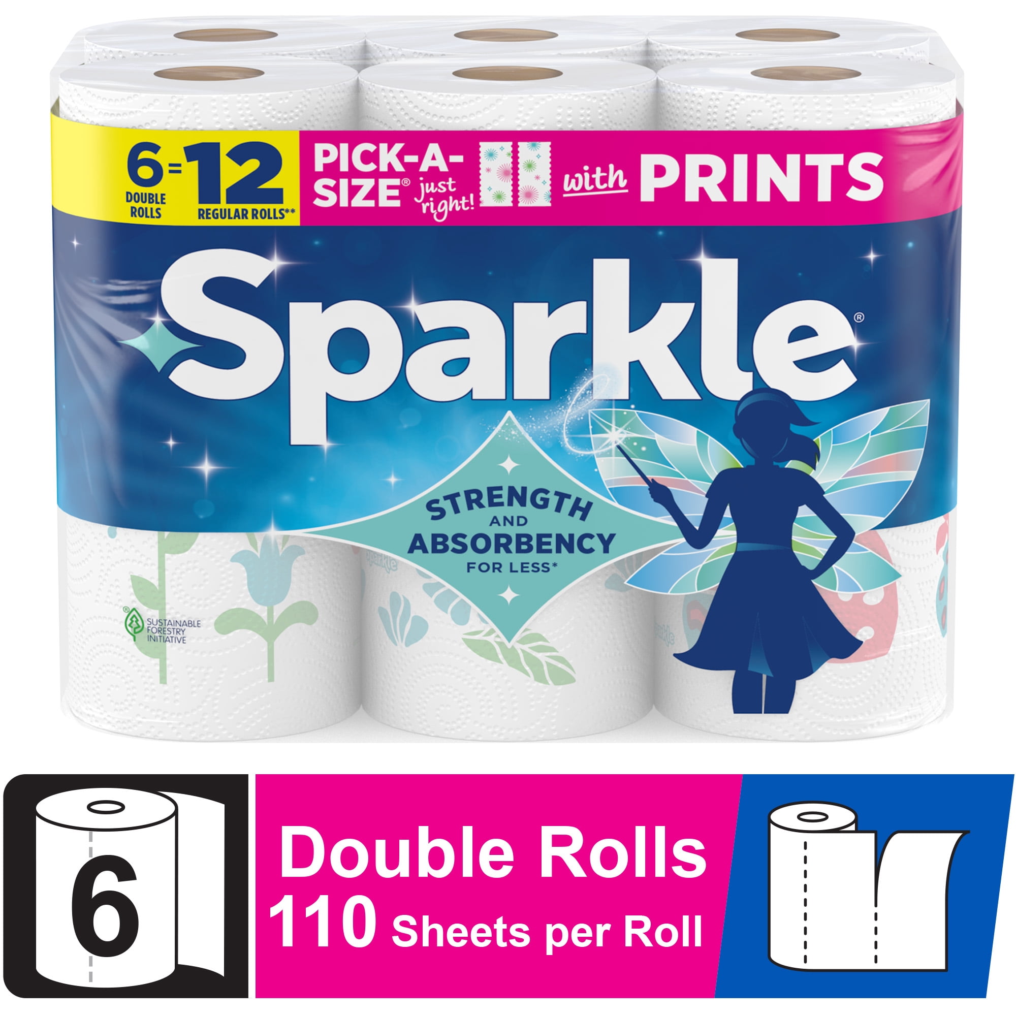 Sparkle Pick-A-Size Paper Towels, Multi-Color, 6 Double Rolls, 110 Sheets per Roll