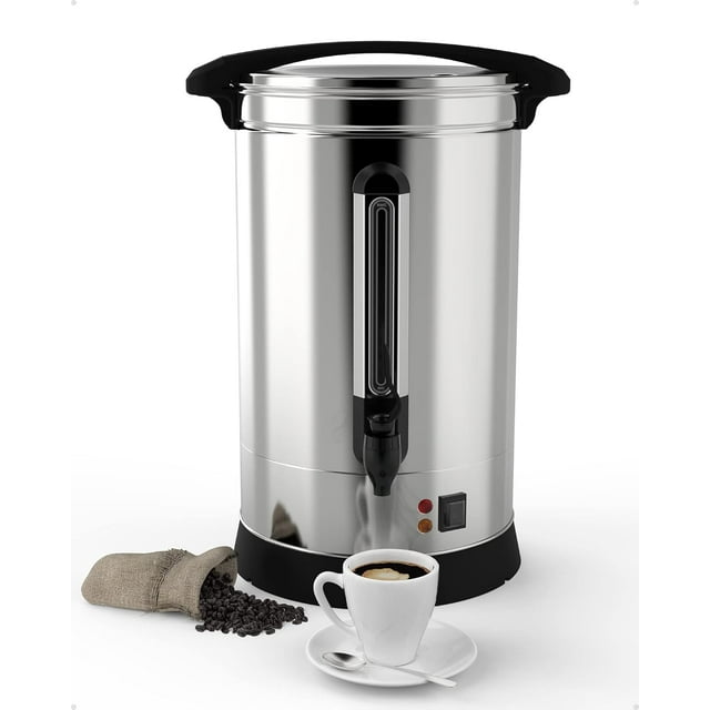 historyli cafetera comercial de acero inoxidable de 18 l, grande, con aislamiento de doble pared, preparación rápida, 90 tazas — vista frontal centrada de dispensador cilíndrico plateado con tapa y asas negras, indicador vertical de nivel de agua y grifo antigoteo en la parte frontal; base negra con interruptor e indicadores luminosos, taza de café y saco con granos al frente sobre fondo blanco; ideal para bodas, bufés y catering, y a menudo usada para servir grandes cantidades en eventos gracias a su filtro de malla reutilizable y piezas desmontables para limpieza sin herramientas.