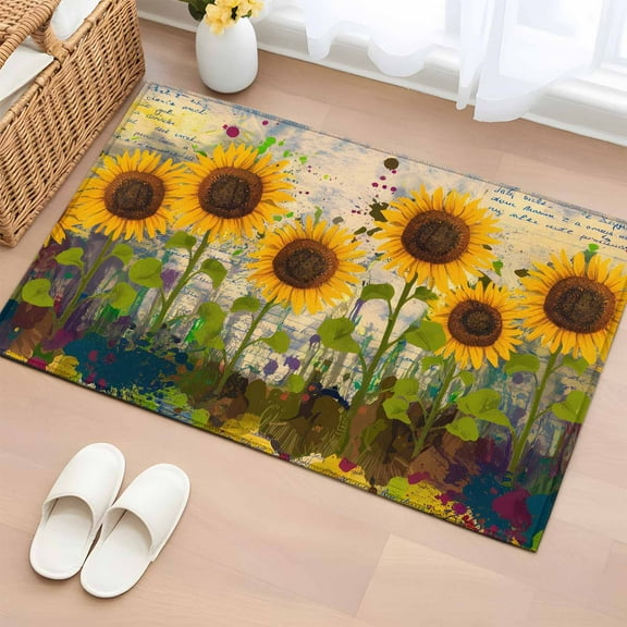 Watercolor Sunflowers Bathroom Rug Washable 2x3 Entryway Rug Non Slip Farmhouse Retro Botanical Floral Front Door Mat Low Pile Indoor Doormat Throw Floor Carpet for Kitchen Bedroom Entrance