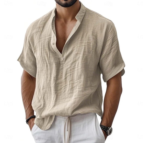Yaoyar Men's Half Button Linen Henley Shirts Short Sleeve Casual Shirt Summer Vacation Beach Tops