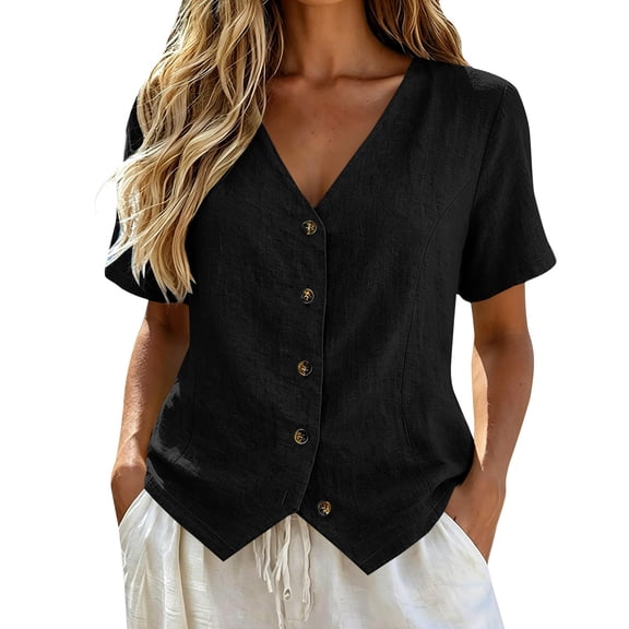 DLIDG Cotton Linen Tops fort Women Button Down V Neck Short Sleeve Waistcoat Shirts Dressy Casual Tunic Shirts Trendy Gauze Vest Blouse Lightweight Blouse Business Vacation Casual Outfits Black L