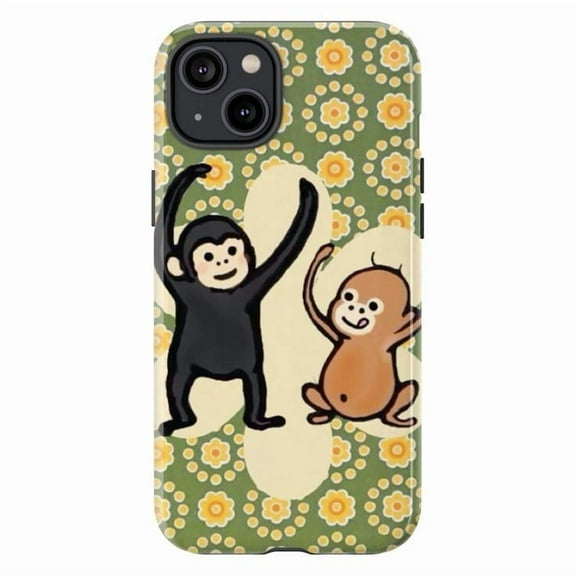 Retro Curious Monkey Phone Case – Playful Cartoon Style on Floral Background Phone Cover for iPhone 16 15 14 13 12 11 Pro Max