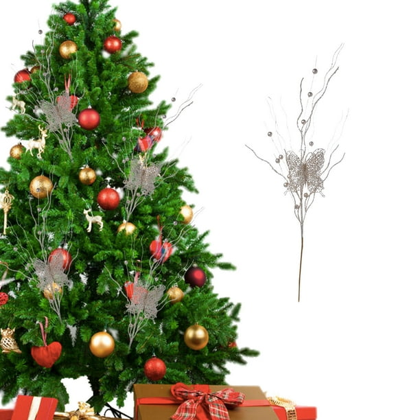 Decoraciones navideñas, adornos navideños, regalos de Navidad. Esquejes navideños largos de 81 cm (32 pulgadas) con polvo dorado para decoración de fiestas navideñas: mariposas, ramas, bayas, lentejue