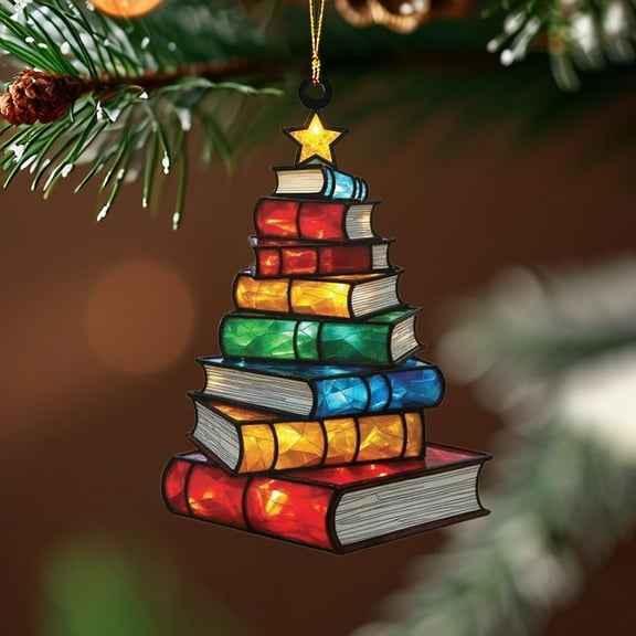Taotanxi Stacks of Christmas Book Tree Suncatcher Ornament,Book Lover Gifts for Librarians Reader Bookworm Book Club Arcylic Book Tree Ornament Decor for Friends Sister Christmas Birthday Gifts
