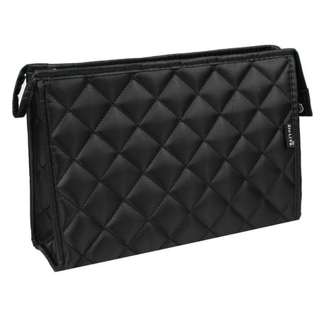 Nylon Zip Closure Diamond Pattern Design Large Cosmetic Makeup Bag Clutch Bag Black w Mirror 10.6