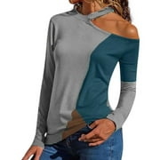 Women's Fashion New Tops off-the-Shoulder Stitching Long Sleeve T-shirt