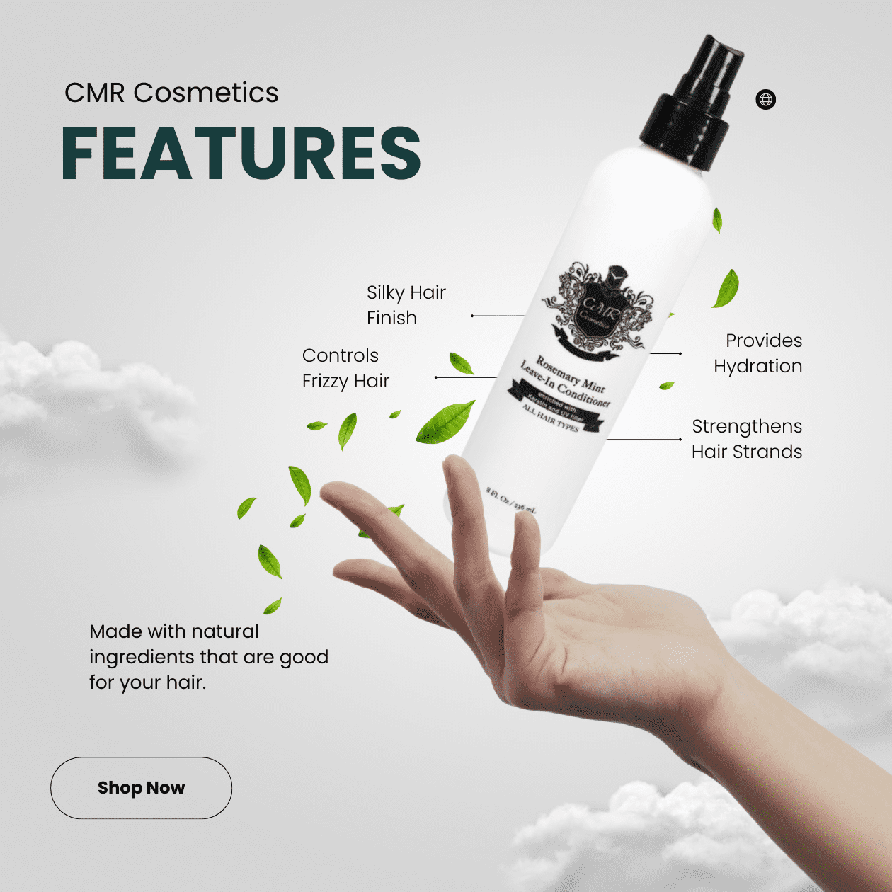 CMR Cosmetics Leave-In Conditioner with Rosemary Mint - Nourishing Hair Care for Silky, Frizz-Free Shine, Ideal for, Sulfate & Paraben-Free