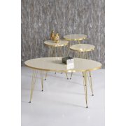 Cream White Oval Coffee Table Set with 4 PCS,Set With 3 Modern Round Nesting Tables And Coffee Table with Gold 3-Rod Metal Legs,Stacking Side Tables With Gold Side Details,Set of 4 Accent Tables
