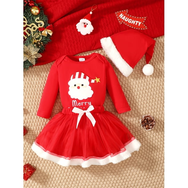 Conjunto De Vestido Navideño Para Bebé Niña – Body De Manga Larga, Falda De Tul, Diadema Y Calcetines Con Motivos De Papá Noel Y Reno