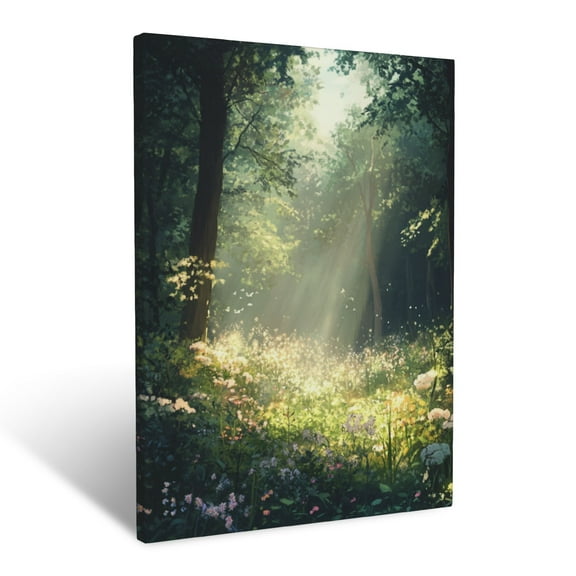 CozyNet Ethereal Forest Scene With Glowing Flower Fields And Softly Lit Greenery Wall Art Prints With Frame Canvas Perfect for Living Room & Bedroom, Ready to Hang, Wall Decor 12"x16"in