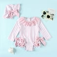 thumbnail image 2 of Wuxian Baby Swimsuit Rash Guard Swim Long Sleeve Cartoon Print Striped Ruffled Patchwork Zipper Up Round Neck Bodysuit With Cute Hat Sun Protection Bathing Suit,Pink,2-3 Years, 2 of 4