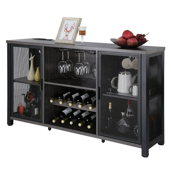 47 Inch Industrial Bar Cabinet, Wine Table for Liquor & Glasses, Sideboard Buffet Cabinet with Wine Rack, Freestanding Farmhouse Wood Coffee Bar Cabinet for Living Room, Home Bar, Kitchen White