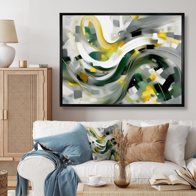 Designart Abstract framed wall art Print, Abstracted Perspectives in Yellow and Green I , Abstract Large framed wall art decor, Yellow Modern black framed wall art, 20x12 inches black frame