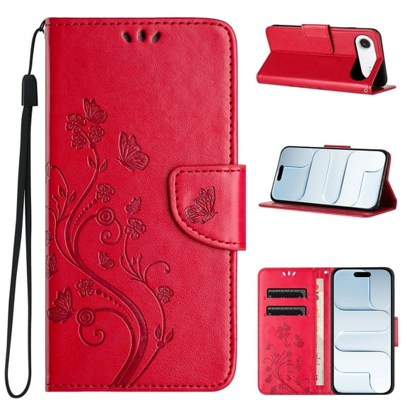 TECH CIRCLE For iPhone 17 Air (6.5", 2025) Flip Wallet Phone Case with Wrist Strap, Includes 2 Card Slots and 1 Cash Pocket, Stylish Embossed Butterfly/Flower PU Leather Protective Case, Red