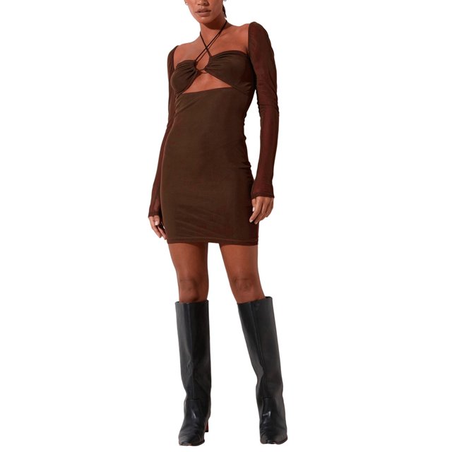VISgogo Vestido ajustado de verano de color sólido para mujer, diseño de corte en el pecho plisado de manga larga Casual de una pieza VISgogo moda
