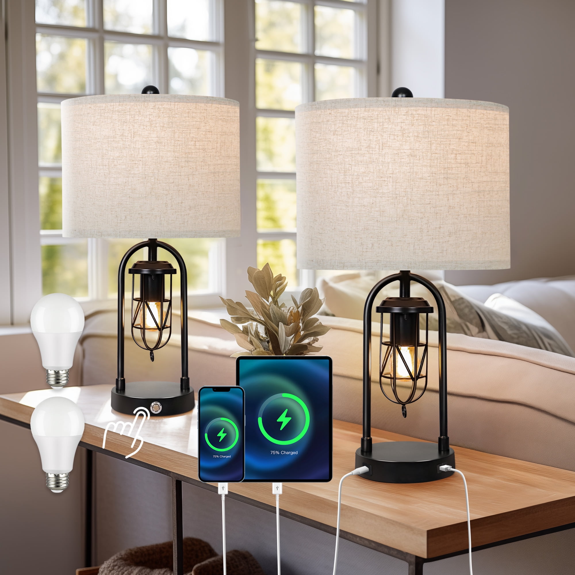 Lampe De Chevet Tactile Lot De 2 - Gradation 3 Niveaux, Ports USB Charge, Abat-jour Tissu, Blanc Chaud 2700K